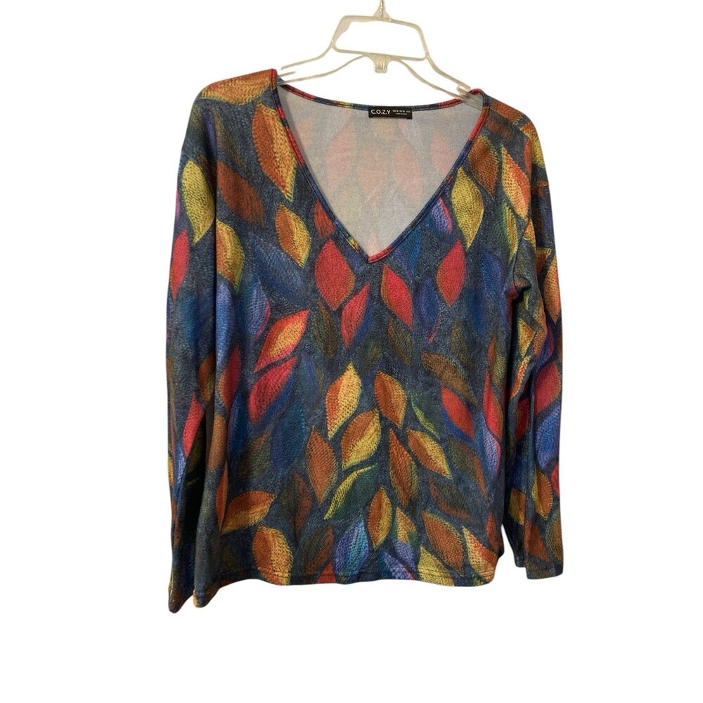 Colorful And Comfortable C.O.Z.Y. Shirt Size Medium V Neck Women Stretch Bright